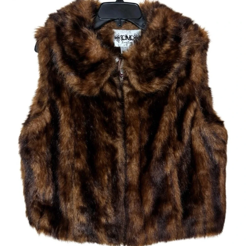 Vintage Fur Vest Luxury Faux Fur 1990s 2000s Y2K Brown Gold Black Size XLarge